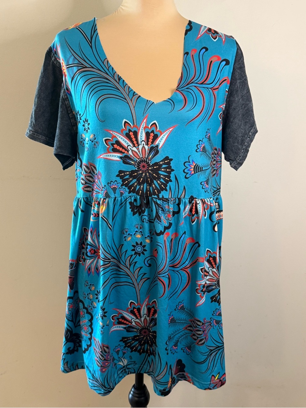 Upcycled floral tunic top whimsigoth skater punk grunge festival teal gray S/M